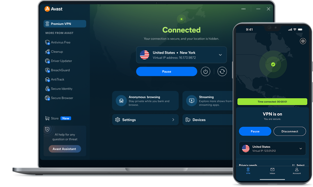 Laptop and mobile displaying Avast VPN