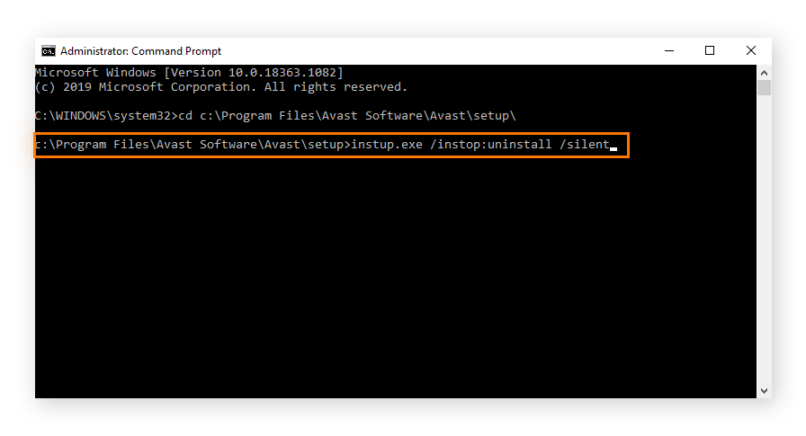 管理员命令提示符界面，显示用于卸载 Avast Antivirus 的命令：instup.exe /instop:uninstall/ silent。