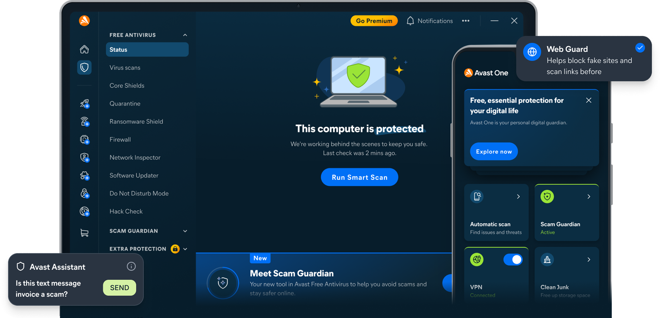 A laptop and mobile phone displaying Avast One and it's features