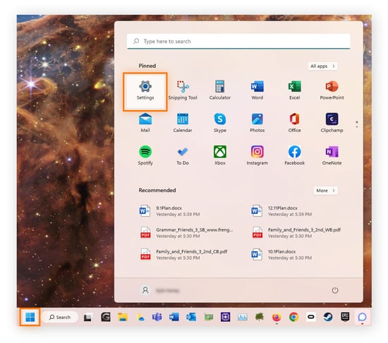 Opening Windows Start menu > Settings on Windows 11.