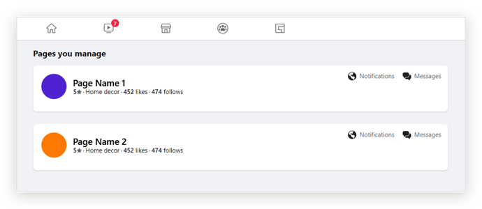 Screenshot of 'Pages you manage' menu in Facebook