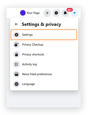 Screenshot showing the location of the 'Settings' menu options in the Facebook Business page 'Settings & Privacy' menu