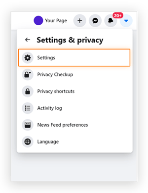 Screenshot showing the location of the 'Settings' menu options in the Facebook Business page 'Settings & Privacy' menu