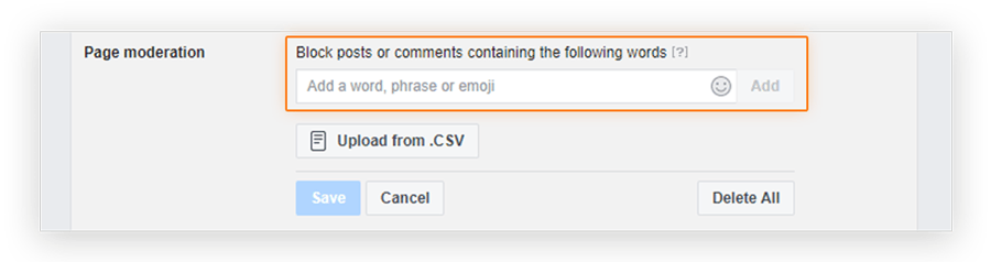 Screenshot showing the location of the Facebook Business block list in the 'Page Moderation' menu