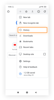 Highlighting "History" in the Chrome options menu