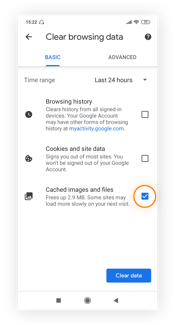 Highlighting "Cached images and files" in Chrome's Clear browsing data screen