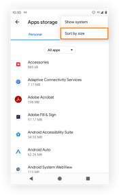 Sorting apps by size to see which take up the most storage space in Android 11.