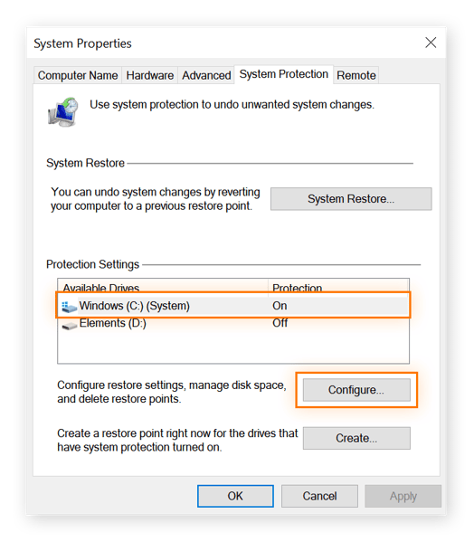 Interface de restauration du système, avec le disque Windows C en surbrillance et le bouton Configurer entouré.