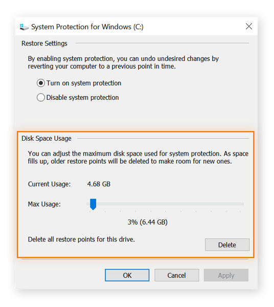 Options de configuration de la restauration du système, avec la section Utilisation de l’espace disque entourée.
