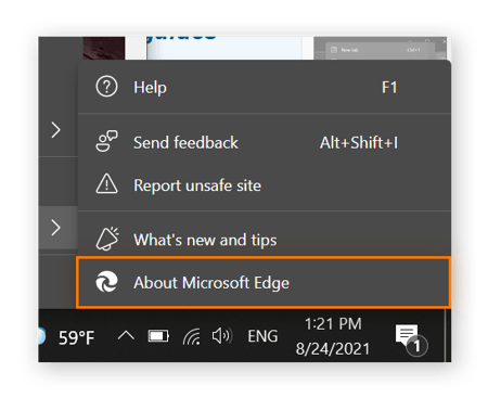 Una captura de pantalla del submenú Ayuda y comentarios abierto, con Acerca de Microsoft Edge marcado.