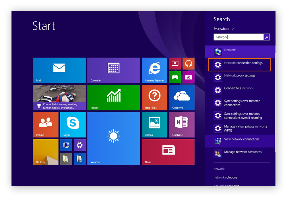 Acceder a la configuración de conexión de redes desde el menú Inicio de Windows 8