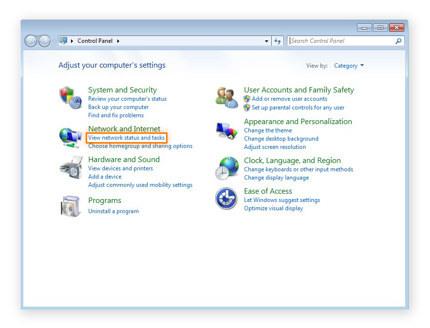 Acceder a la configuración de Red en el Panel de control de Windows 7