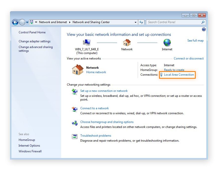 Abrir la información de la Conexión de área local en el Centro de redes y recursos compartidos en Windows 7