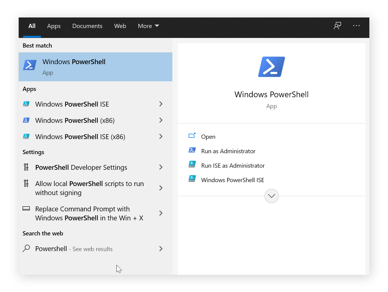 Una imagen del menú Inicio cuando se escribe «powershell».
