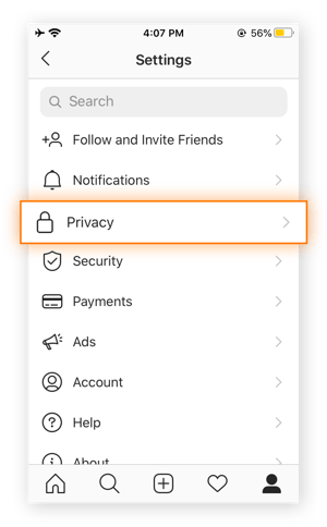 Screenshot of Instagram's Settings menu.