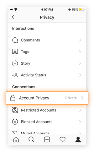 Screenshot of Instagram's Privacy menu.