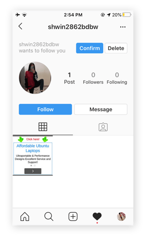 Screenshot of a fake or suspicious Instagram account.