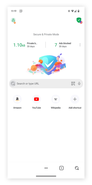 Avast Secure Browser for Android with search bar and new tab icons.