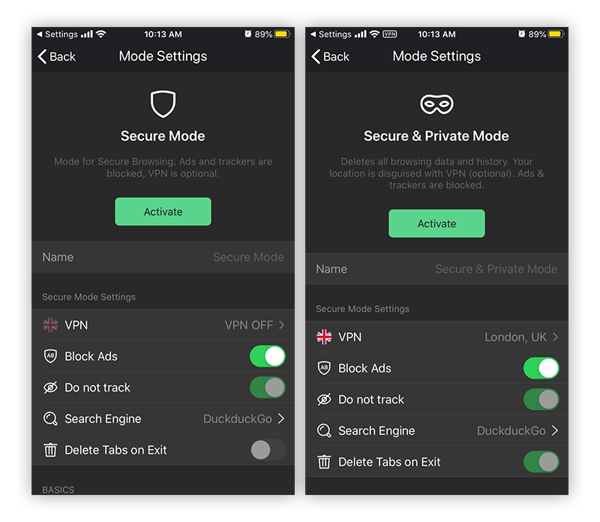 Avast Secure Browser has two browsing modes to easily access a variety of security and privacy features.
