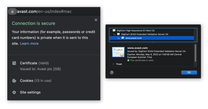 Viewing website safety information for www.avast.com in Google Chrome for macOS.