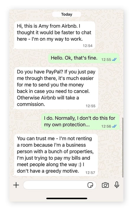 An example WhatsApp exchange between a scammy Airbnb host and a guest.