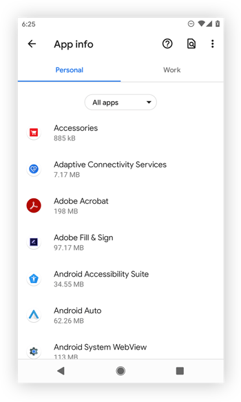 Escolhendo um aplicativo para alterar as permissões de Apps.
