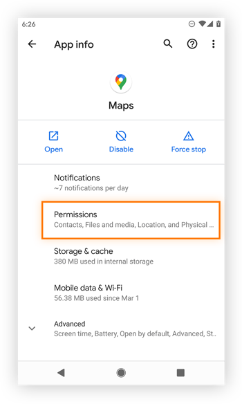 Buscar los permisos de una aplicación en Android.