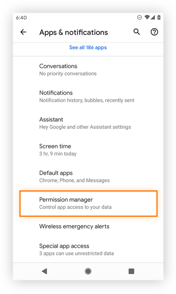 Buscar el administrador de permisos de Android.