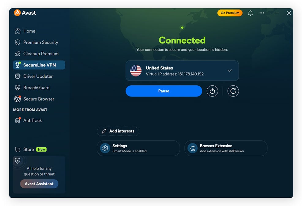 The SecureLine VPN dashboard within the Avast One app for PC.