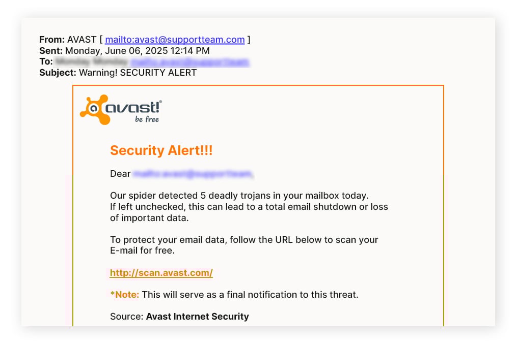 An Avast scam email with a phishing link, that was sent from a fake Avast email address.