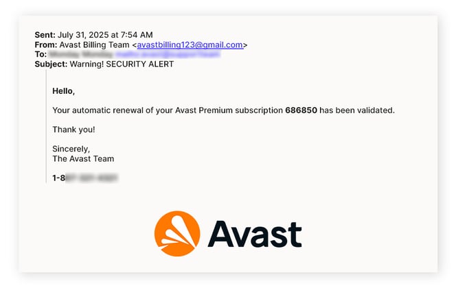 An example of a fake Avast email, impersonating Avast Customer Support.