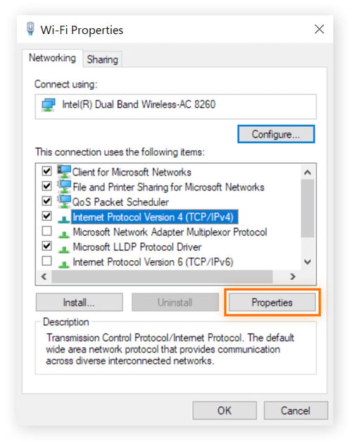 The Wi-Fi properties for a specific network are shown. Internet Protocol Version 4 is highlighted, and properties is circled.