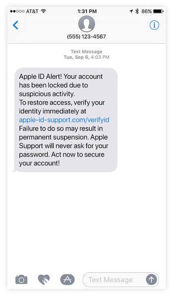 Phishing text example on an iPhone.