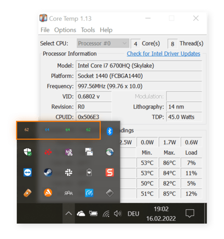 Core Temp showing temperature right in the quick launch menu found in your taskbar
