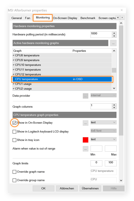 RivaTuner-Einstellungen, um die CPU/GPU-Einstellungen anzuzeigen