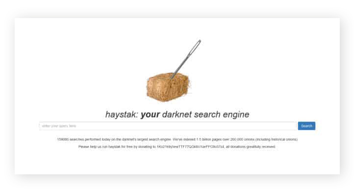 La page d’accueil du moteur de recherche du Dark Web Haystack.