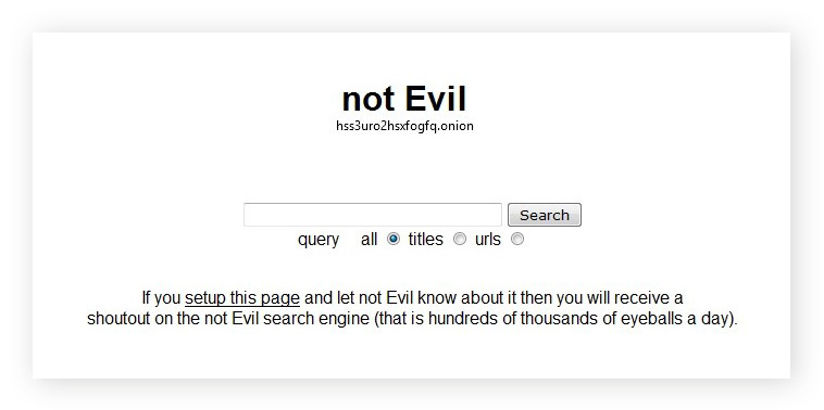 La page d’accueil du moteur de recherche du Dark Web Not Evil.
