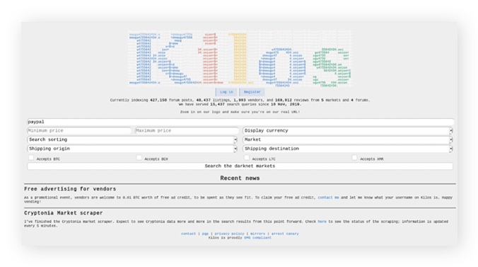 La page d’accueil du moteur de recherche du Dark Web Kilos.