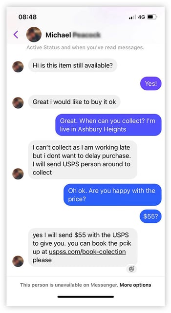 Facebook Messenger conversation with Marketplace buyer requesting user to click phishing link.
