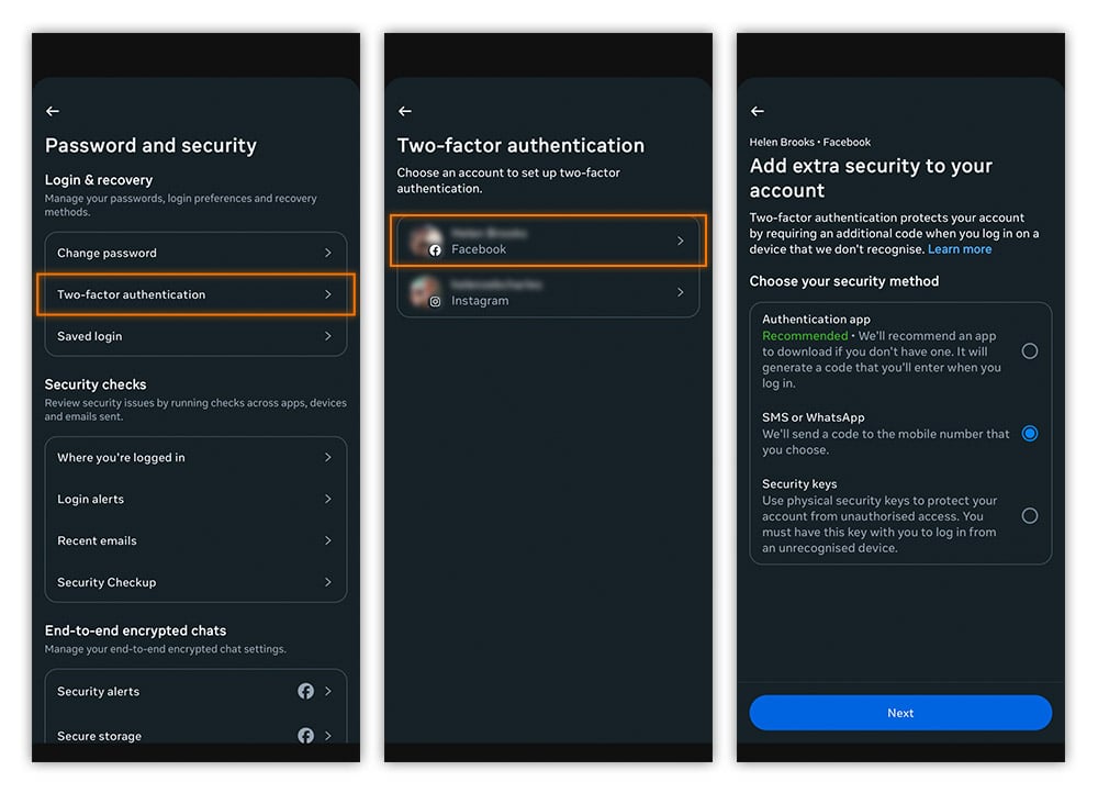 Adding 2FA security to your Facebook account via the Android app.
