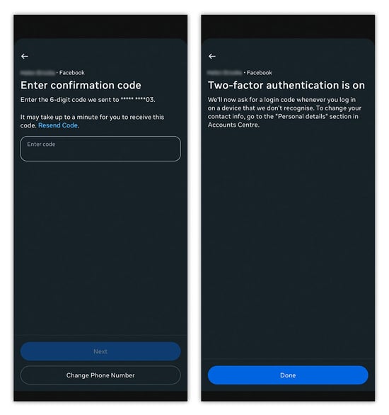 Confirmation code verifications for enabling Facebook 2FA features on Android.