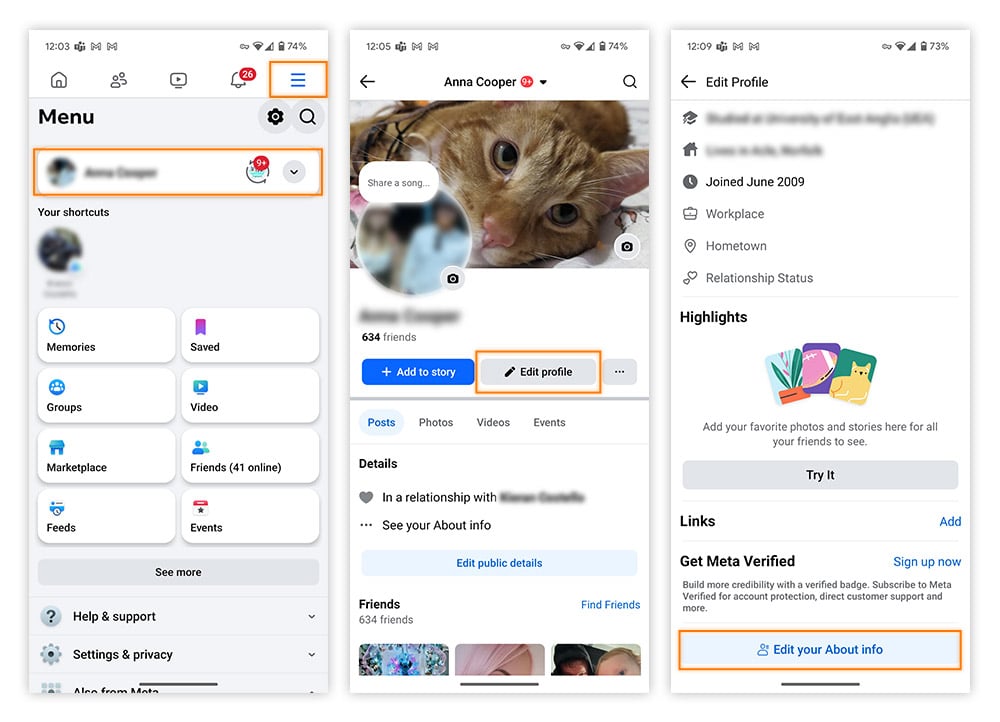 Locating your privacy settings in Android's Facebook app.