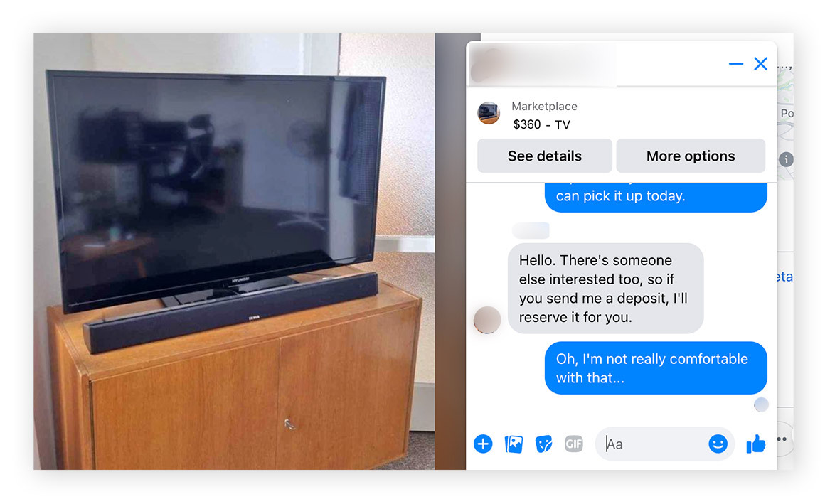 A screenshot of a fraudulent Facebook Marketplace listing and a chat window where a scammer uses urgency tactics.