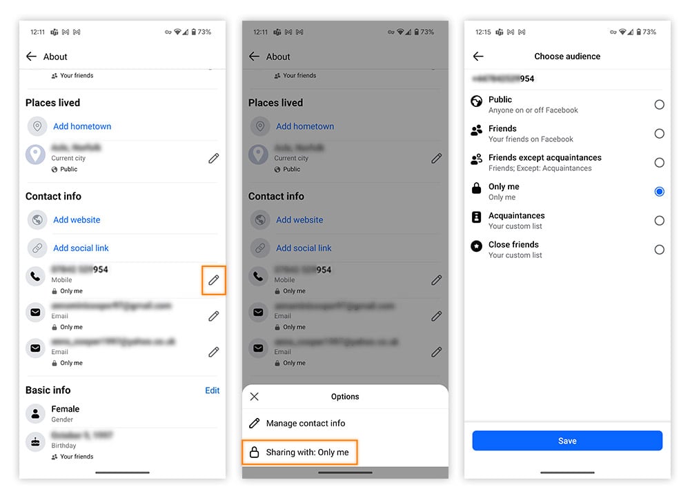 Making your phone number private on Facebook via Android app.
