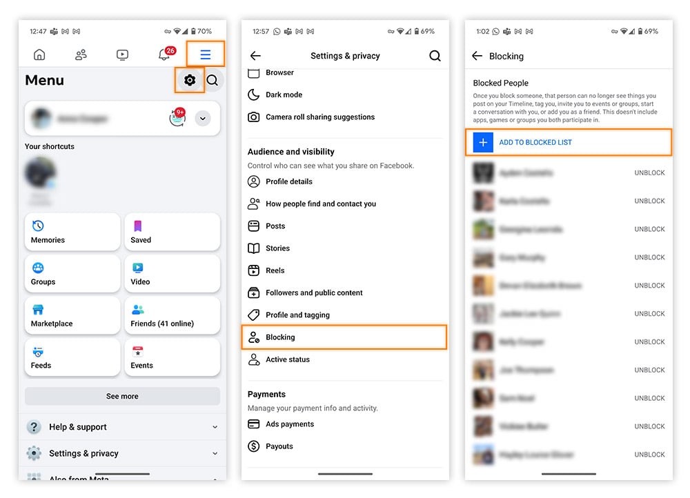 Locating blocker users list on Facebook, Android.