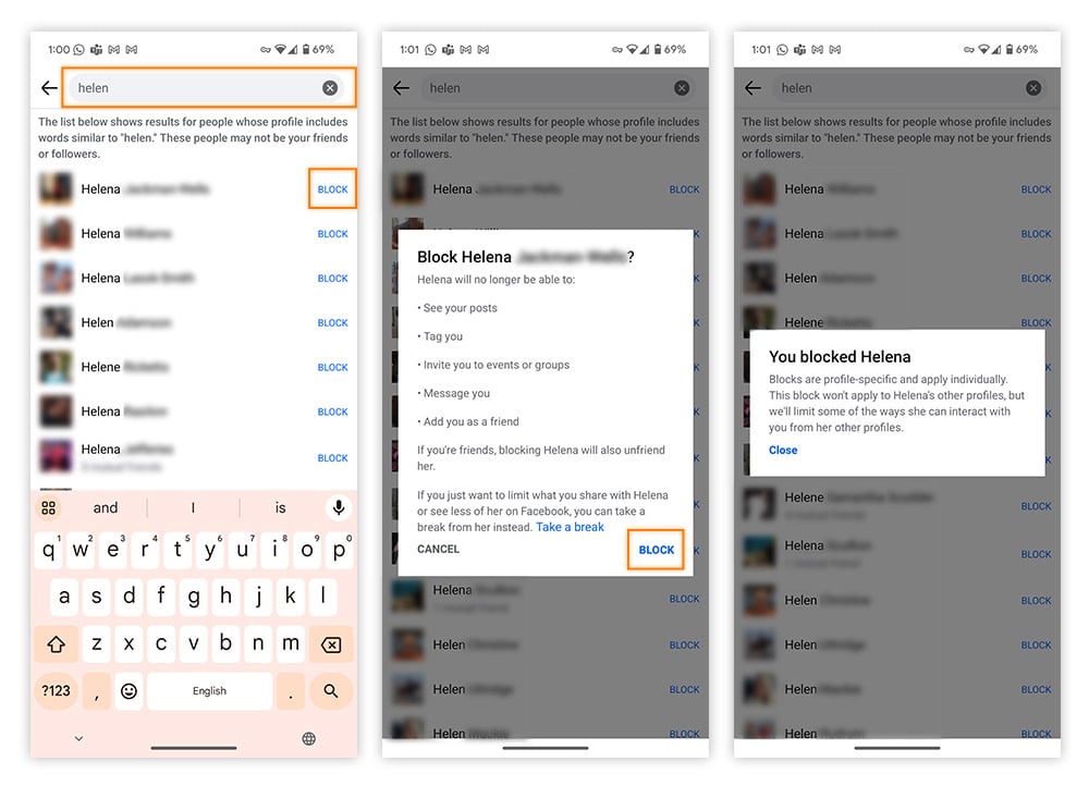Blocking a user on Facebook via the Android app.