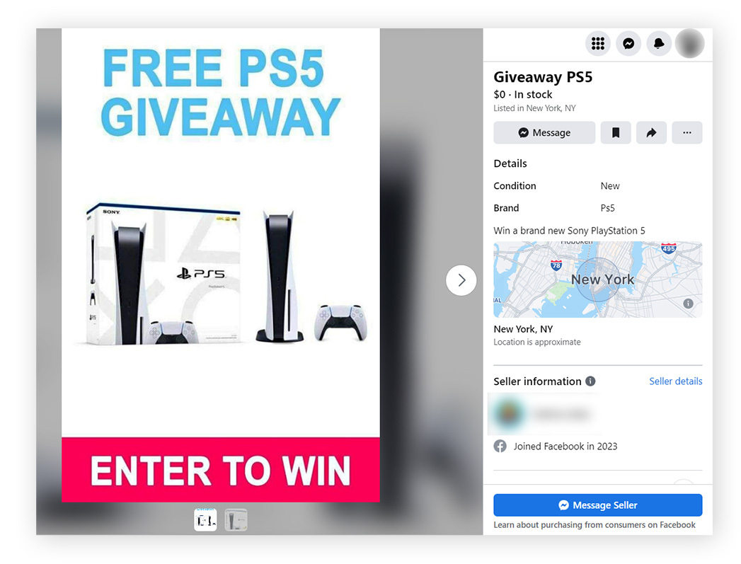 Fake PS5 giveaway post on Facebook Marketplace.