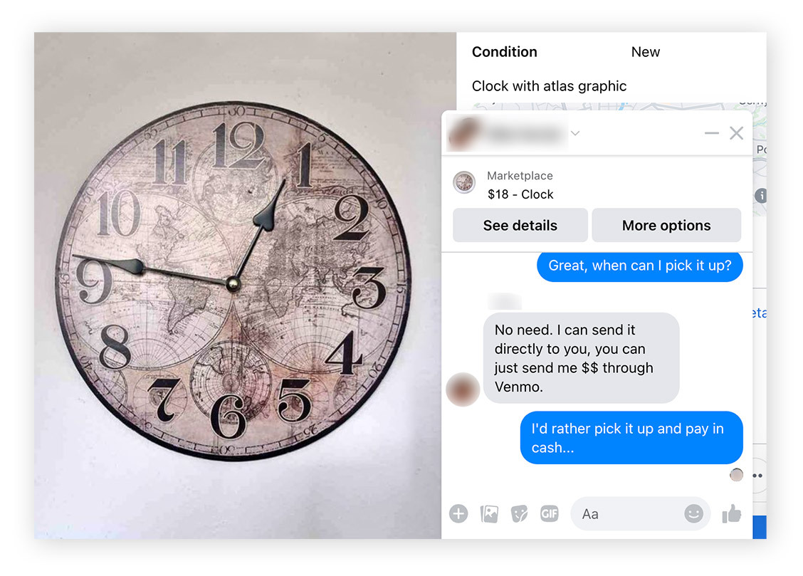Facebook Marketplace listing with potential scam seller asking for Venmo payment.