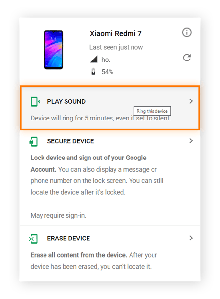 Resaltar la opción REPRODUCIR SONIDO en Encontrar mi dispositivo de Google