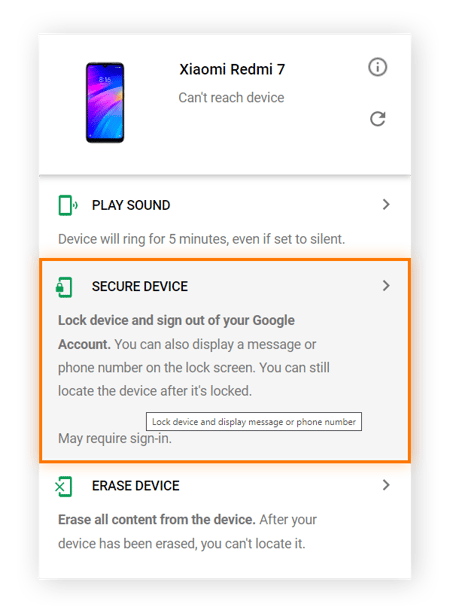 Resaltar la opción PROTEGER DISPOSITIVO en Encontrar mi dispositivo de Google.